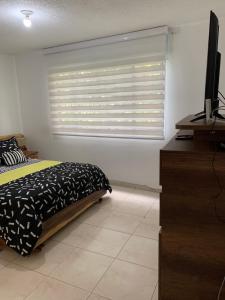 a bedroom with a window with a bed and a television at Bellísimos apartamentos céntricos en La Mesa in La Mesa