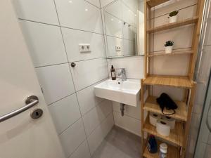 a small bathroom with a sink and a mirror at Schöne, moderne Wohnung mit Waldblick & Parkplatz in Melle