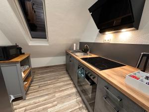 een kleine keuken met een fornuis en een wastafel bij Schöne, moderne Wohnung mit Waldblick & Parkplatz in Melle