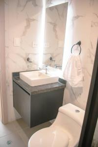a bathroom with a sink and a toilet and a mirror at Hotel Amazonas Suite , habitación sencilla in Nueva Loja