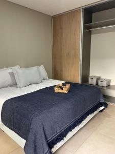 ein Schlafzimmer mit einem Bett mit einer blauen Decke darauf in der Unterkunft Departamento céntrico Belgrano II in San Salvador de Jujuy