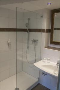 a shower with a glass door next to a sink at Hotel Daniel in Munich