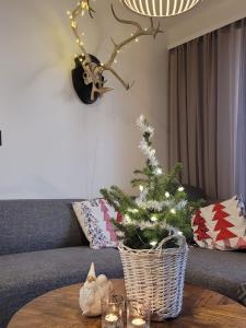 a living room with a christmas tree in a basket on a table at Levinlaita in Levi