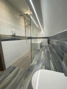 a bathroom with a glass shower and a toilet at Silvercopse House in Kingston Bagpuze