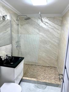 a bathroom with a shower and a toilet and a sink at ELITE APARTMENT in Buzău