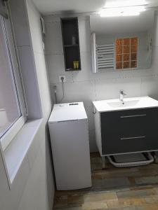 a small white bathroom with a sink and a counter at La palmeraie de brévy in Réville +17 photos