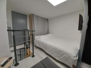 富瓦Charmant T2 duplex Centre de Foix的一间带床和电视的小卧室