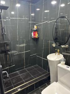 a black tiled bathroom with a shower and a toilet at Apartment in Yerevan