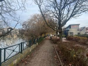 een bakstenen pad naast een rivier met een boom bij Studio indépendant plein pied avec mezzanine in Joinville-le-Pont