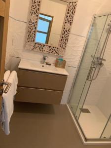 un bagno con lavandino e doccia con specchio di VILLA U TEMPIU CORSU a Patrimonio Altre 19 foto