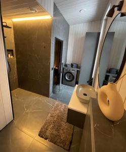 La salle de bains est pourvue d'une douche, d'un lavabo et d'un miroir. dans l'établissement Tondikaku Holiday Home, à Otepää