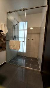 a shower with a glass door in a bathroom at Hotel Anzea in Anserma