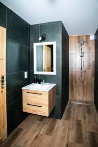 W łazience znajduje się umywalka i lustro. w obiekcie Domki na Snowańcu w Brennie