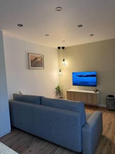 a living room with a blue couch and a tv at Bali suites - Basel / Dreilander in Saint-Louis
