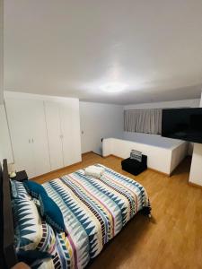 1 dormitorio con 1 cama con manta a rayas en Duplex en primer piso - A media Cuadra Embajada USA, en Lima