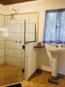ein Bad mit einem Waschbecken und einer Dusche in der Unterkunft Casa Satori - Recanto de Paz in Alto Paraíso de Goiás