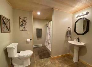 La salle de bains est pourvue de toilettes et d'un lavabo. dans l'établissement Rustic U.P. Retreat in Marquette, à Marquette