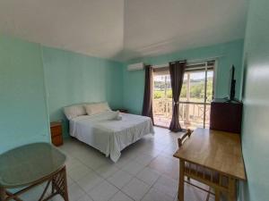 a bedroom with a bed and a large window at Comfy house on a hidden beach in Five Islands Village