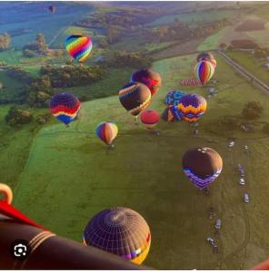 um monte de balões coloridos de ar quente voando sobre um campo em Vivenda Bela Vista em Boituva