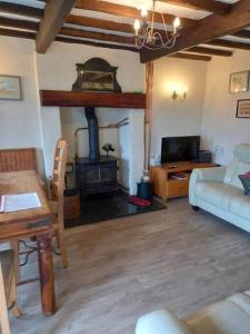 a living room with a couch and a fireplace at 3 Tan Y Coed in Brynkir