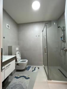 a bathroom with a toilet and a glass shower at Lysa Apartment in Kosovo Polje