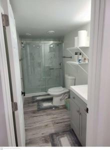 uma casa de banho com um WC e uma cabina de duche em vidro. em Cozy & Private Entire Basement em Winnipeg