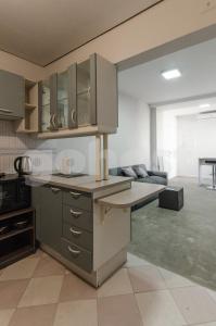 eine Küche mit grauen Schränken und ein Wohnzimmer in der Unterkunft Amazing Apartment Near La Costanera in Asunción