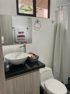 La salle de bains est pourvue d'un lavabo blanc et de toilettes. dans l'établissement Casa finca La alegría - casa el Recreo, à La Mesa