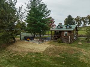 a log cabin with a grill and a picnic table at Arrowhead Cabin/Fields of Home in Millersburg