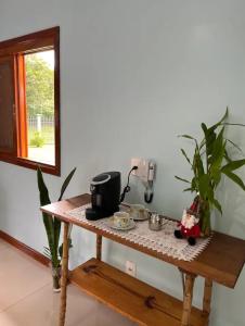 a table in a room with a plant on it at Casa Recanto dos Pássaros in Três Coroas