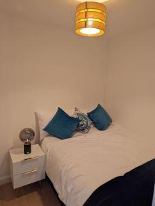 ein Schlafzimmer mit einem Bett mit blauen Kissen und einer Lampe in der Unterkunft Thurrock-Grays Cosy 2 bed Flat easy access to London in Grays Thurrock