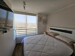 ein Schlafzimmer mit einem großen Bett und einem großen Fenster in der Unterkunft Departamento full equipo en Valparaiso in Viña del Mar