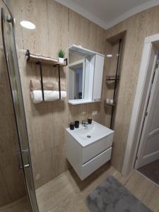 a bathroom with a white sink and a shower at Crăițelor Boutique Airport Apartment in Otopeni