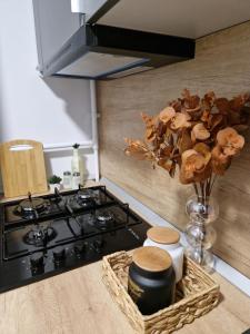 a kitchen with a stove and a vase of mushrooms at Crăițelor Boutique Airport Apartment in Otopeni +19 photos