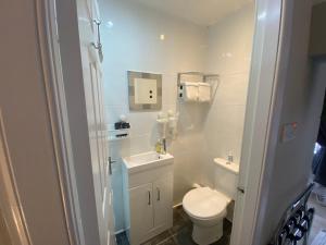a small bathroom with a toilet and a sink at Peacock Guest House in Largs