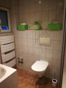 a bathroom with a toilet and a sink at Ferienwohnung mit Balkon 1.OG in Neustadt bei Coburg