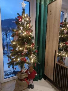 Un árbol de Navidad con un osito de peluche al lado de una puerta en Domki w górach pod Szczyrkiem en Szczyrk