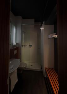 ein Bad mit einer Dusche, einem WC und einem Waschbecken in der Unterkunft Alt Hotel Halifax Airport in Enfield