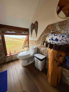 a bathroom with a toilet and a sink at Terevaka Lodge in Hanga Roa