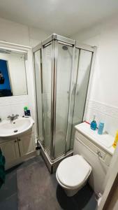 a bathroom with a shower and a toilet and a sink at Baker Street 2 Bed Apartment in London