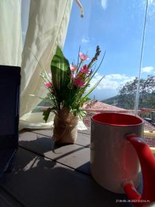 a coffee cup and a vase with flowers on a table at finca casita el mirador in Medellín