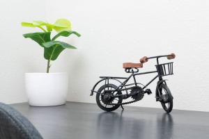 a toy bike on a table next to a potted plant at Bayou Retreat-Located on Tranquill Bayou Lafourche in Thibodaux