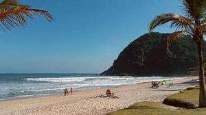 people on a beach with palm trees and the ocean at Casinha Pescador in São Sebastião