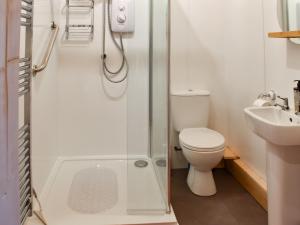 a bathroom with a shower and a toilet and a sink at Algwen Cabin 