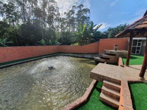 un estanque con un banco y escaleras en un patio en Tia zani, en Pomerode
