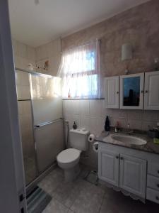 y baño con aseo, lavabo y ducha. en Flat Gorlaes, en Araruama