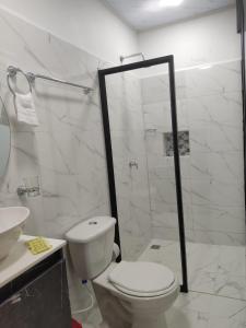 een badkamer met een douche, een toilet en een wastafel bij HOSPEDAJE EL ENSUEÑO in Doradal