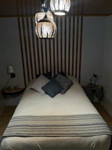 una camera da letto con un letto con due cuscini e due luci di Serenity Mountain a Poás