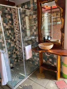 a bathroom with a sink and a shower with a mirror at Cabañas la Miranda in Filandia