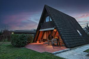 a house with a black roof with a patio at Nur-Dach-Haus am Alfsee in Rieste